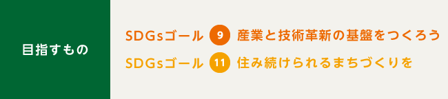 目指すもの:SDGsゴール9 産業と技術革新の基盤をつくろう 目指すもの:SDGsゴール11 住み続けられるまちづくりを